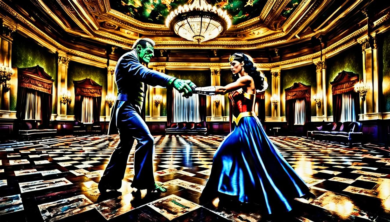 Frankenstein and Wonder Woman Dancing in Ballroom