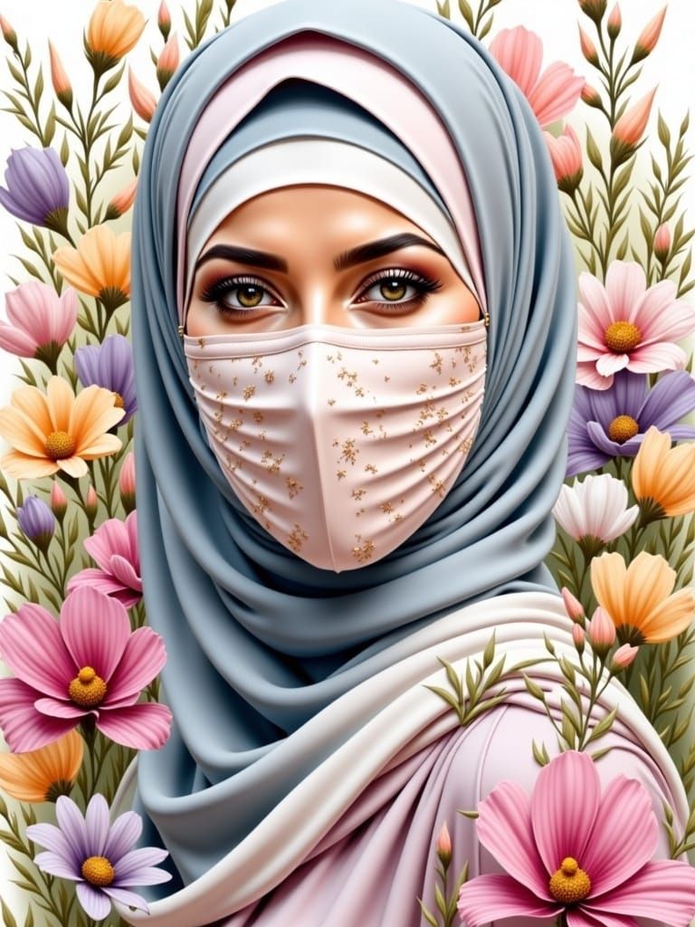 Serene Hijabi Woman in Floral Oil Gouache Art