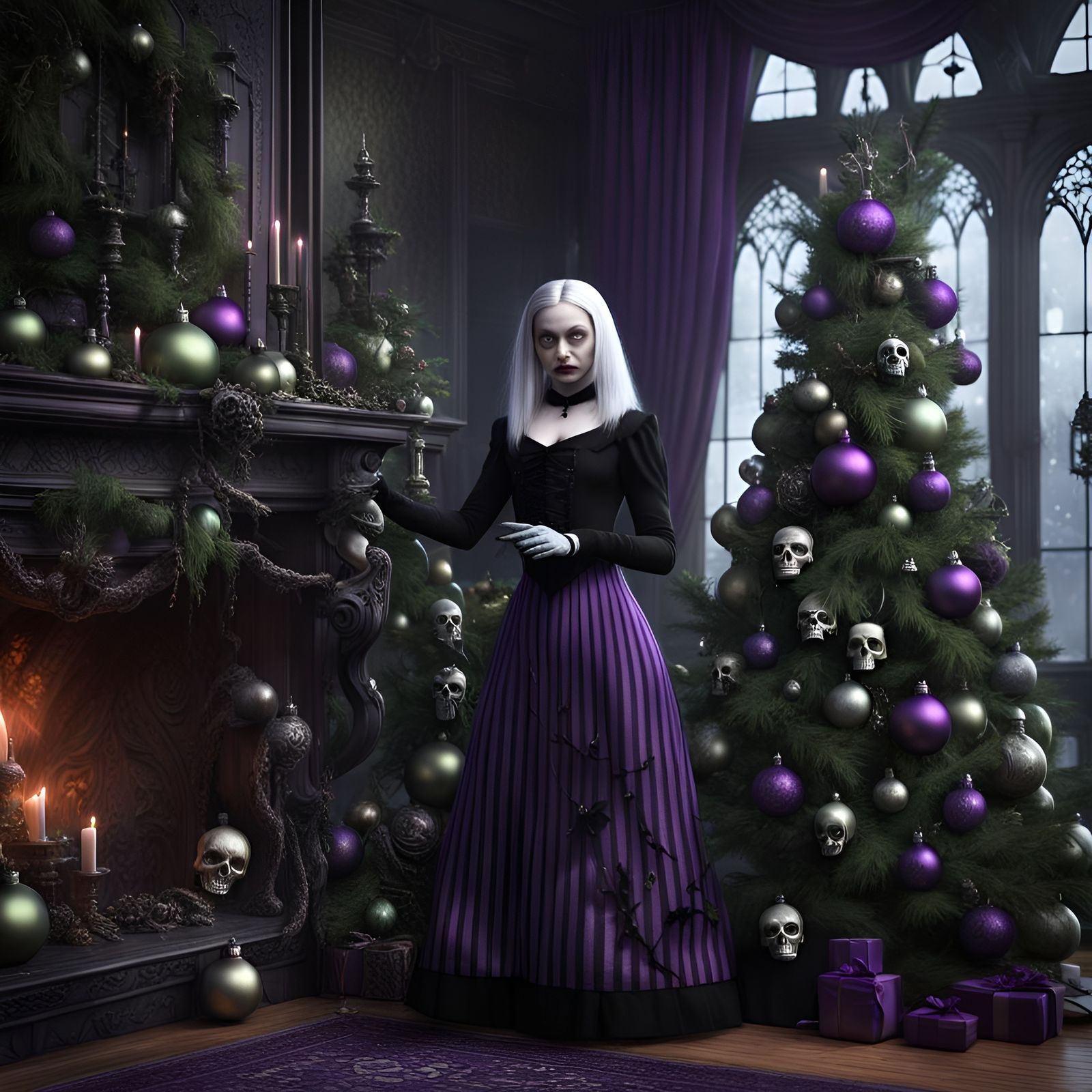 Gothic Girl Decorates Christmas Tree in Detailed Matte Paint...