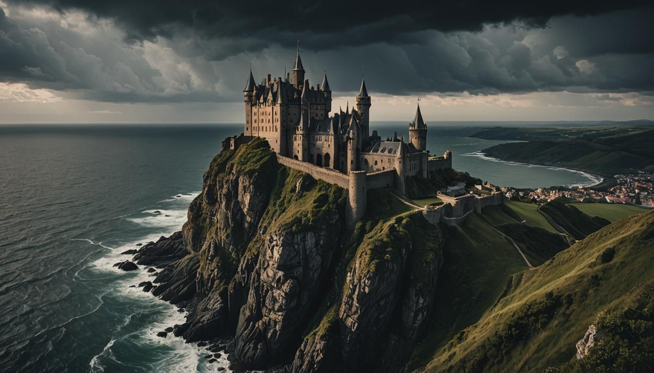 Enchanted Castle on Cliff in Stormy Weather