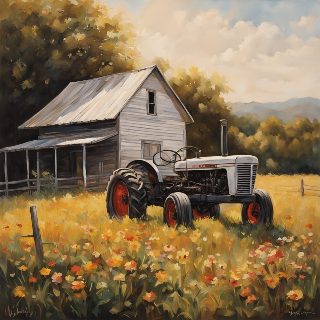 Farmhouse in Field of Flowers: Hyperrealistic Oil Painting