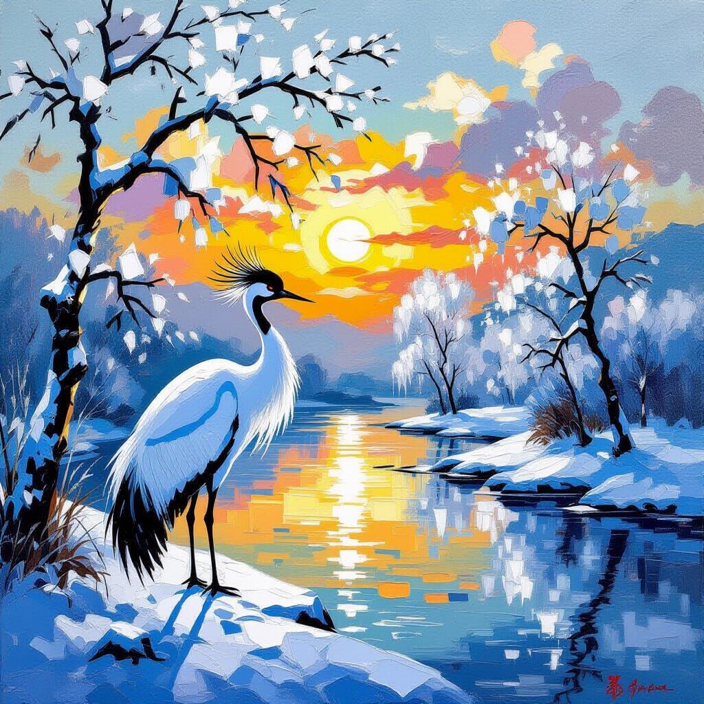Lone Crane in Mystical Winter Sunset Landscape