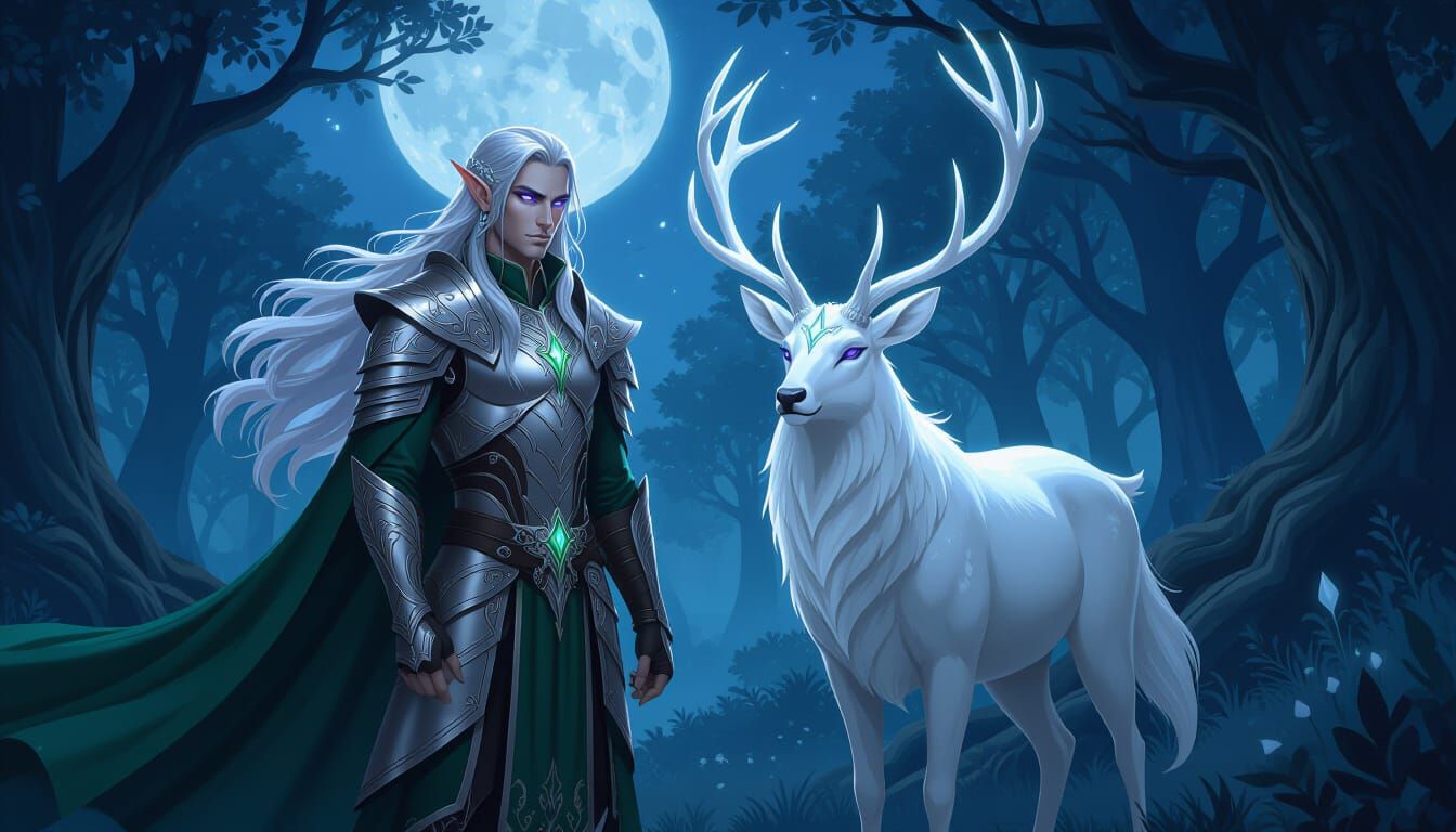 Elf and Stag in Moonlit Forest Glade