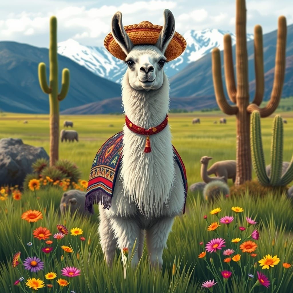 Llama in Sombrero and Blanket in Colorful Field