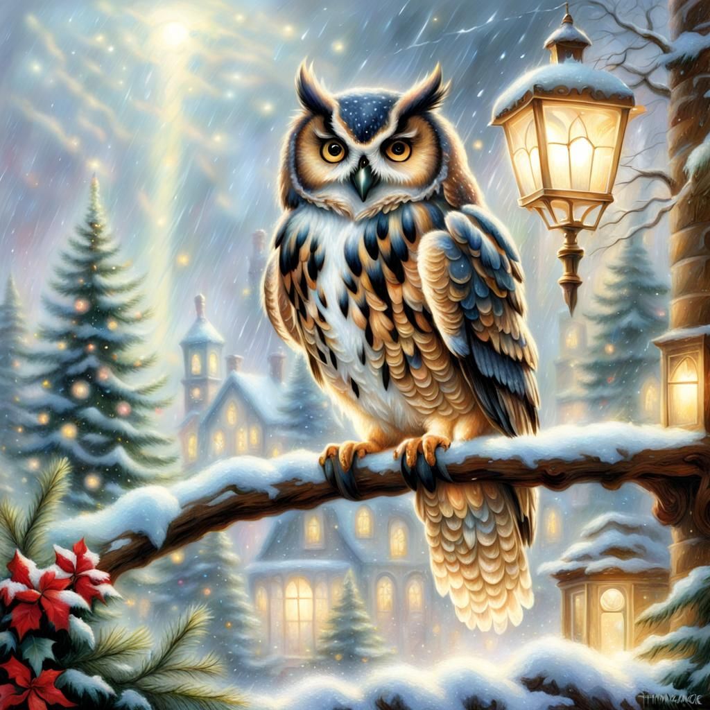 Christmas Owl in Rainy, Ethereal Fantasy