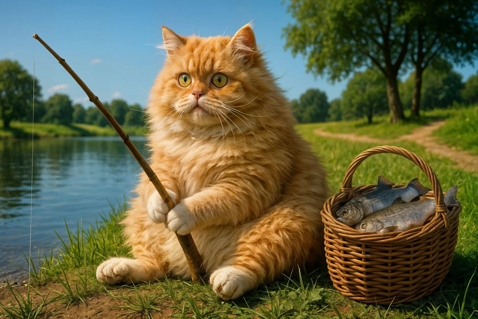 Fluffy Cat Fishing on Peaceful Lake Shore