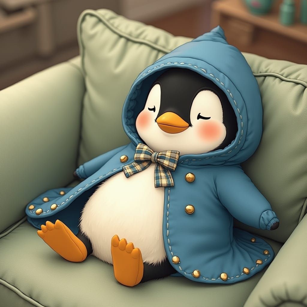 Penguin Resting on Couch in Beatrix Potter Style