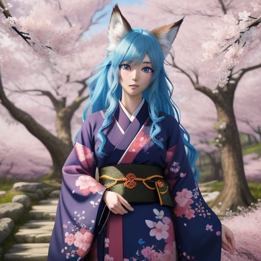 Anime Fox Girl in Cherry Blossom Forest
