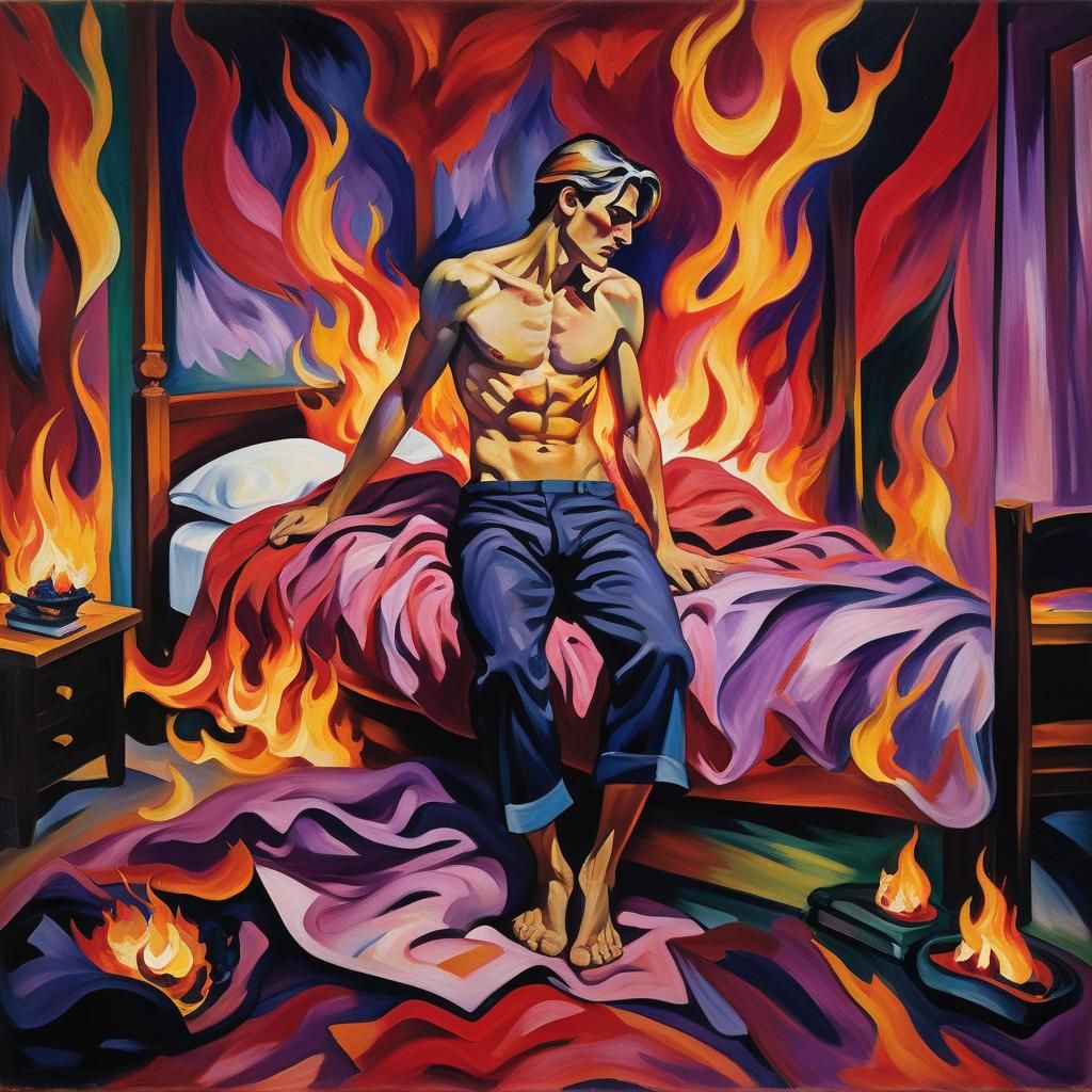 Turmoil in a Blazing Bedroom Scene in Expressionist Style