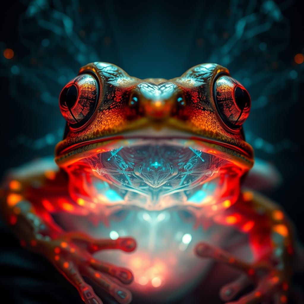 Ethereal Frog in Dark Futuristic Dreamscape