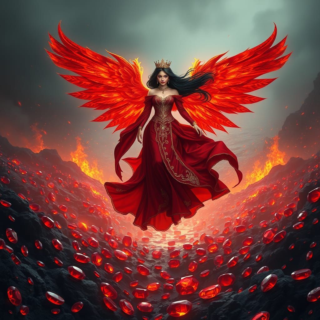 Regal Princess Defies Gravity in a Fiery Fantasy Landscape