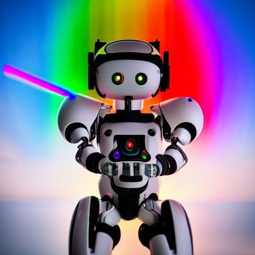 Humanoid Robot with Rainbow Flamethrower in Divine Light