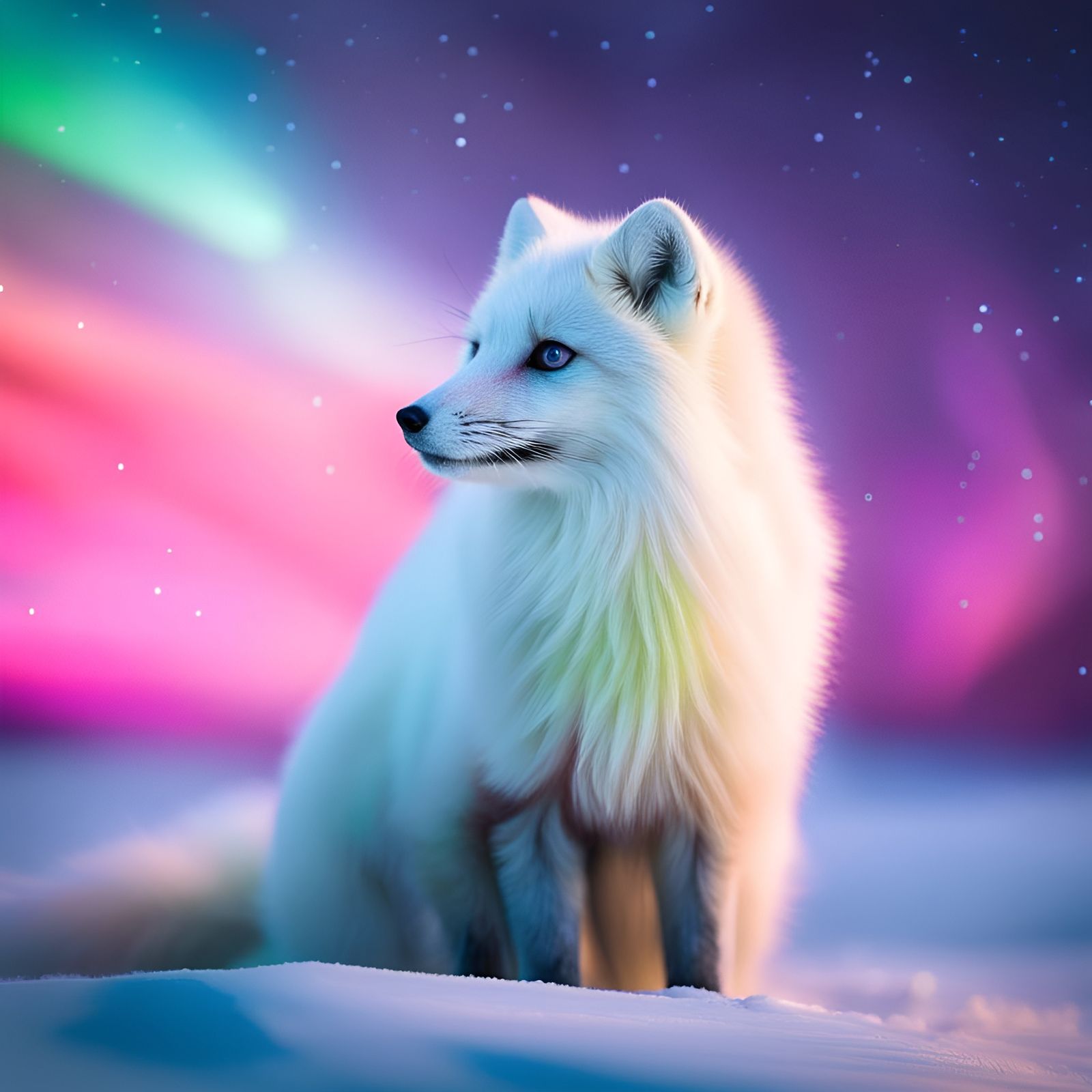 Arctic Fox Under Aurora Borealis, Bokeh Photography