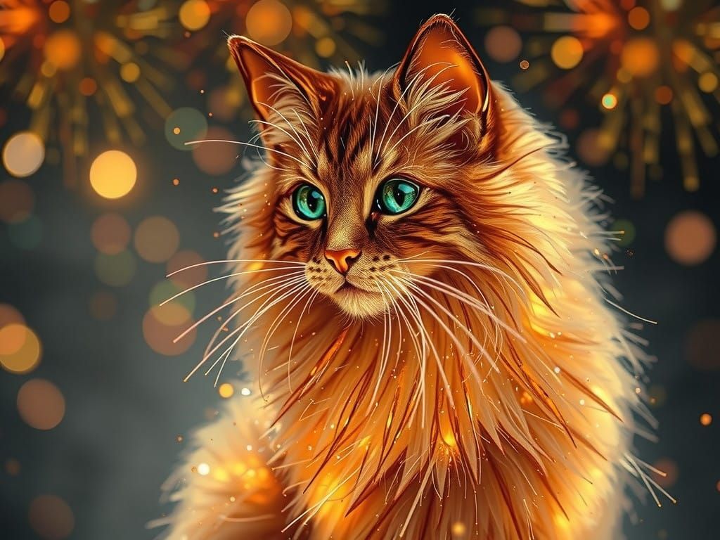Spectacular Glass Cat Illuminated by Vibrant Fireworks