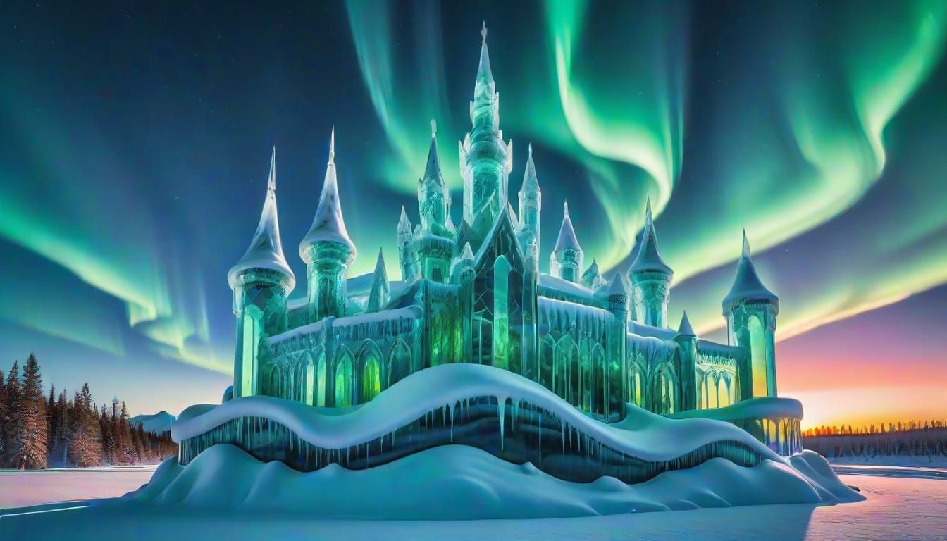 Ethereal Ice Castle Shines Under Northern Lights