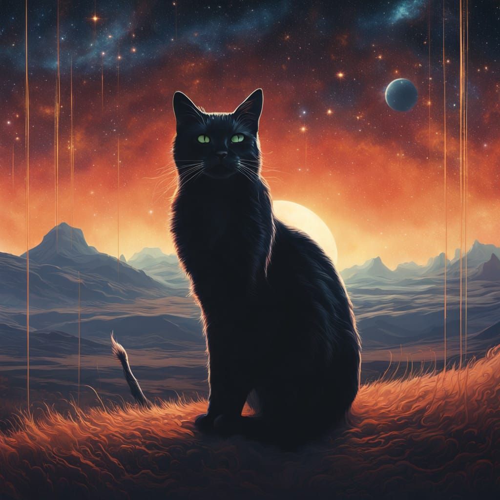 Galactic Cat Silhouette in a Dreamlike Digital Art