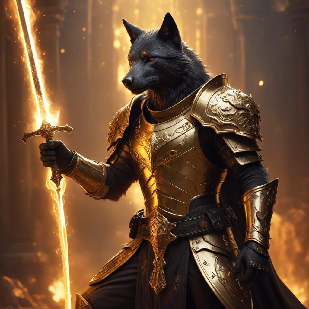 Epic Black Wolf in Golden Armor, Sword and Shield, Against F...
