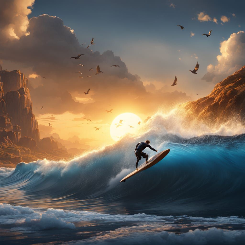 Surreal Dark Fantasy Surfer and Bulldog Riding Waves in Art ...