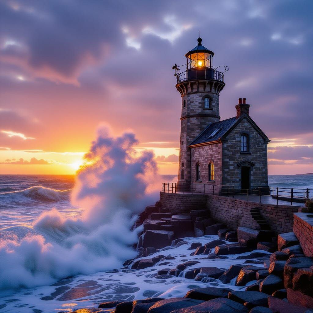 Steampunk Lighthouse Sunset with Crashing Waves