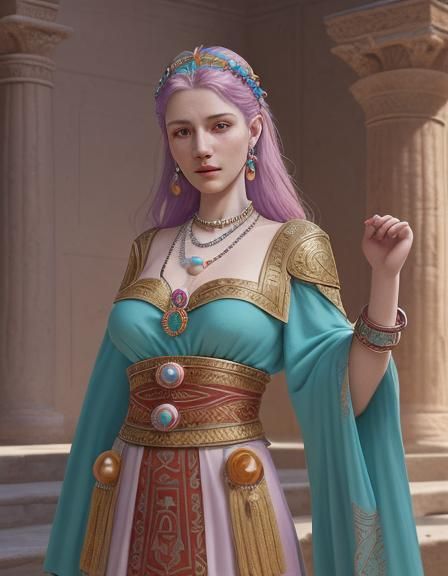 Minoan Woman in Palace, Detailed Matte Painting