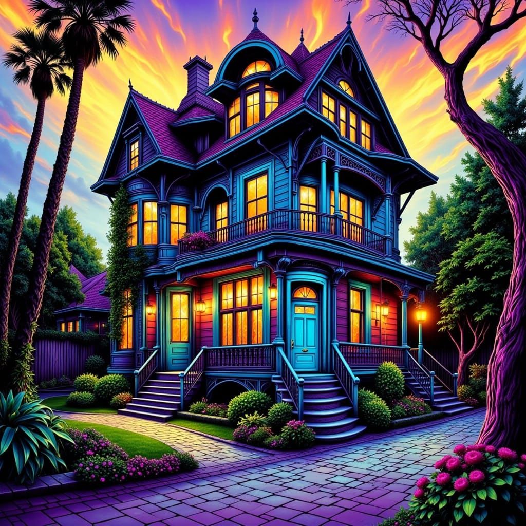 Victorian Townhouse in Neon Pop Noir Style
