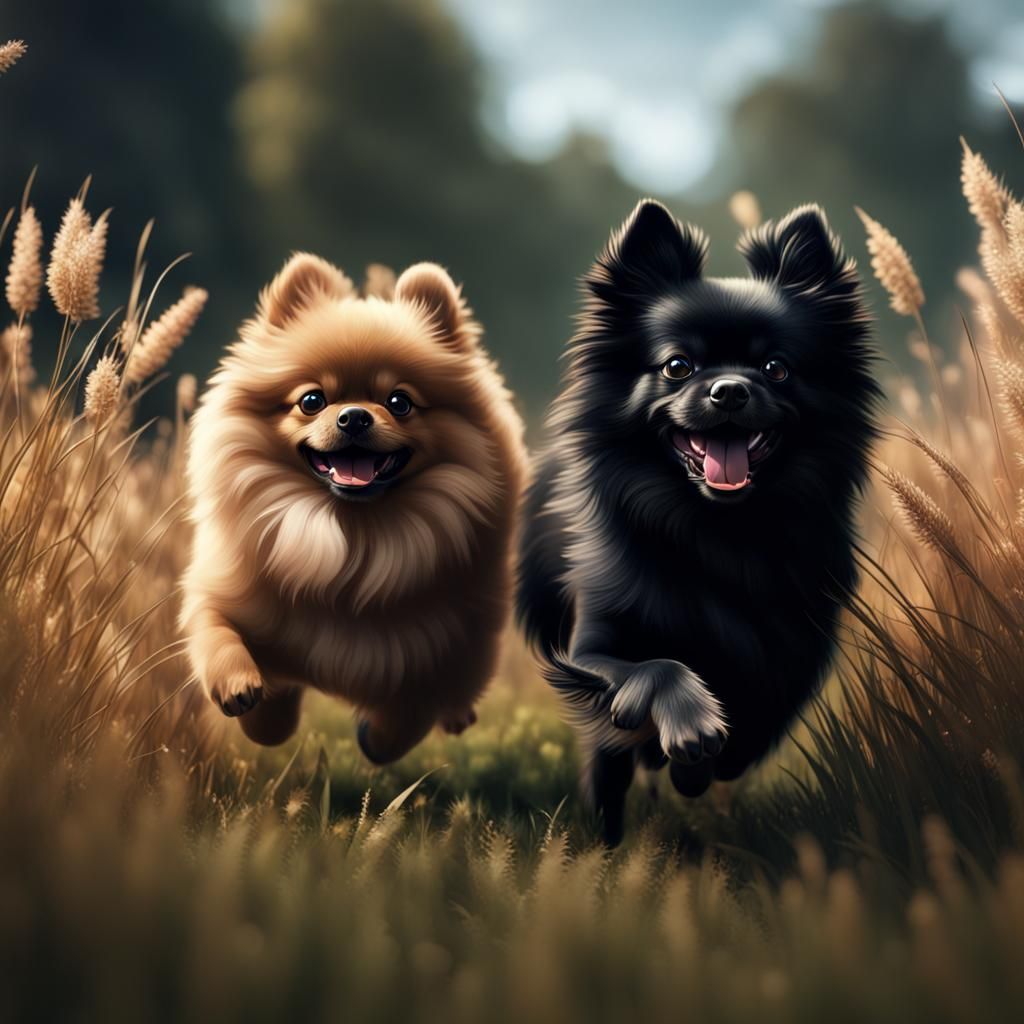 Pomeranians Running in High Grass: Digital Matte Painting