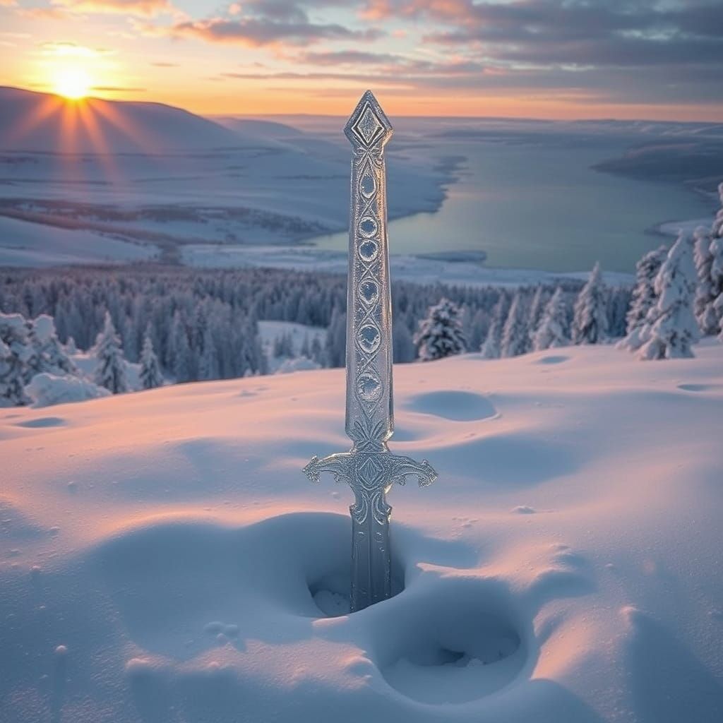 Icy Elemental Sword in Snowy Scandinavian Landscape
