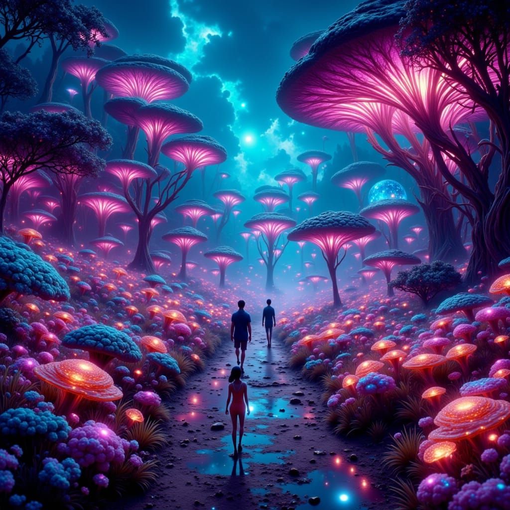Neon Alien Garden with Bare Feet, Surreal Landscape