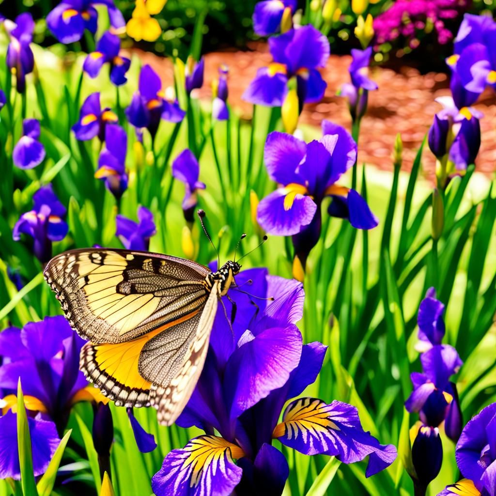 Gold Butterfly on Purple Iris, Watercolor Style