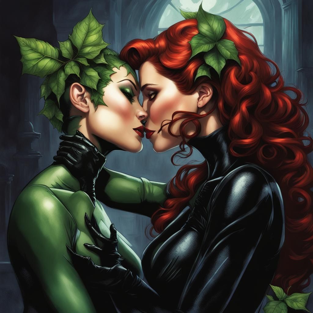 Catwoman kissing Poison Ivy and caress each other, affectionately,