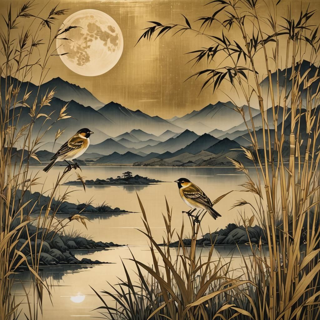 Japanese Gold Lacquer Painting of Reed Buntings