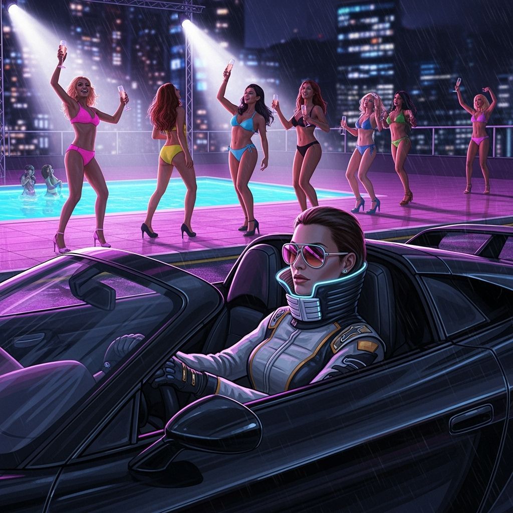 Woman in Sports Car Races Through Neon City