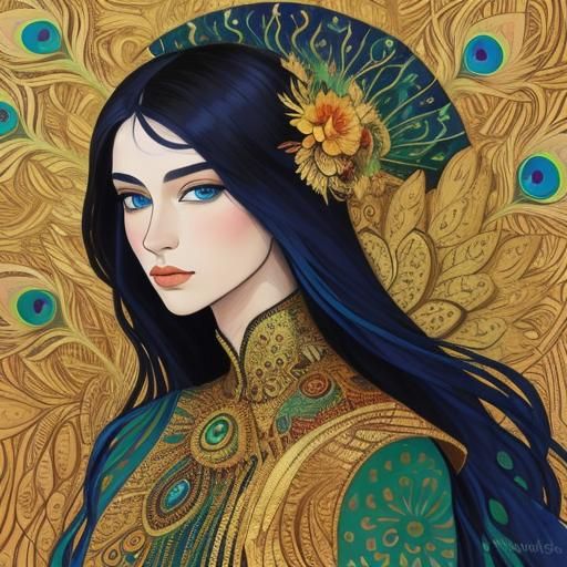 Dragon Peacock Woman Portrait in Abstract Expressionism