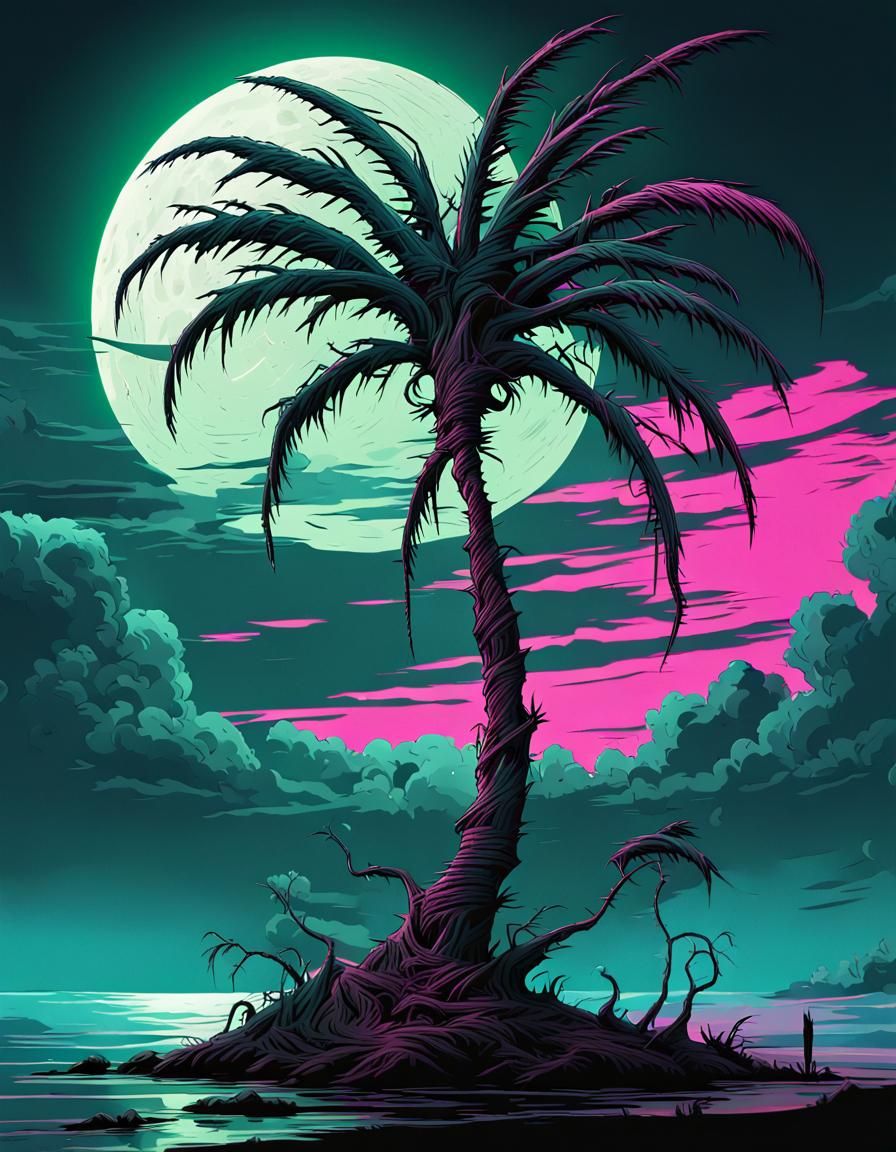 Twisted Palm Tree: Dark Fantasy Art-Brut Vision