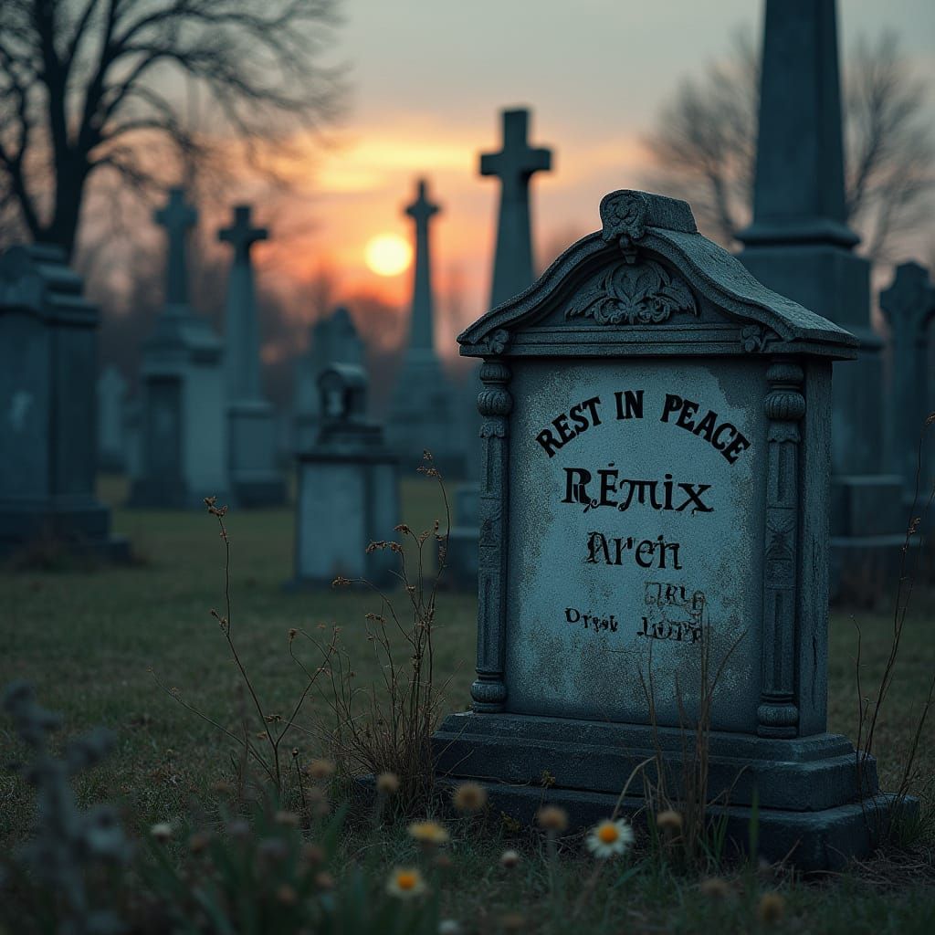 Serene Cemetery at Dusk, Worn Gravestones, Majestic Monument...