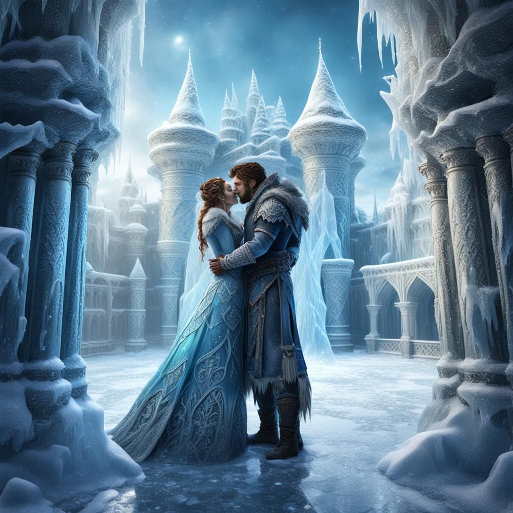 Ice Embrace, two lovers (male and female solid ice) kissing ...