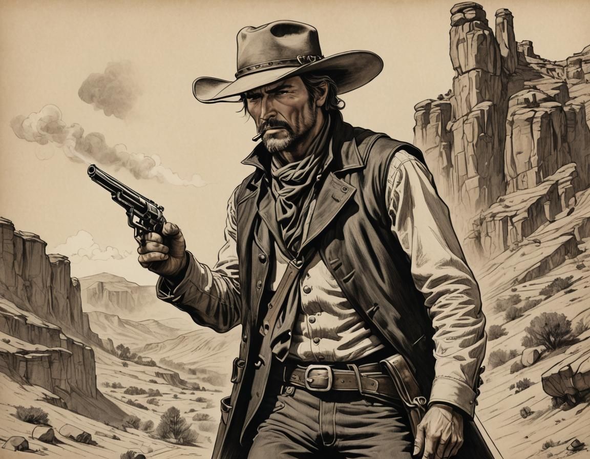 Old Western Outlaw Gunslinger Storybook Illustration