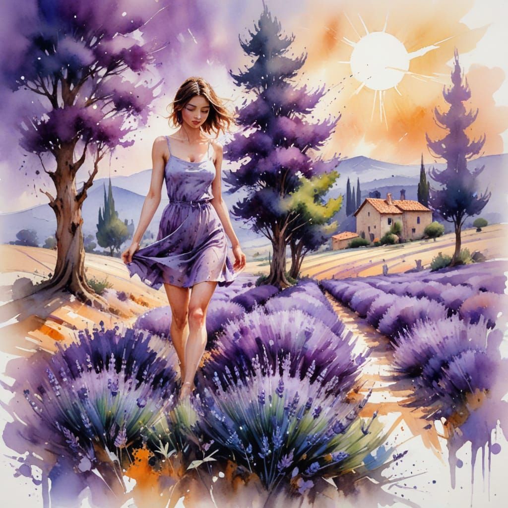 Vibrant Lavender Fields Under Cobalt Sky in Watercolour Styl...