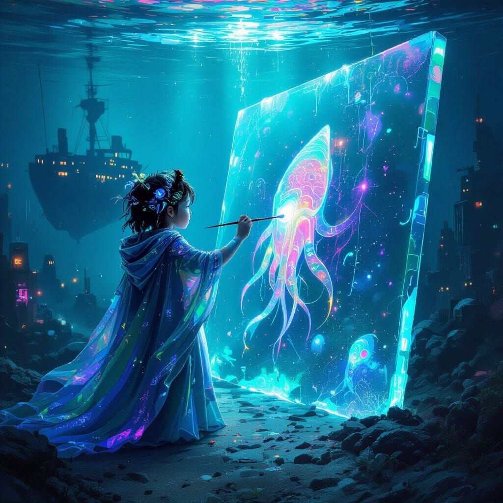 Bioluminescent Child Paints Underwater Cityscape Mural