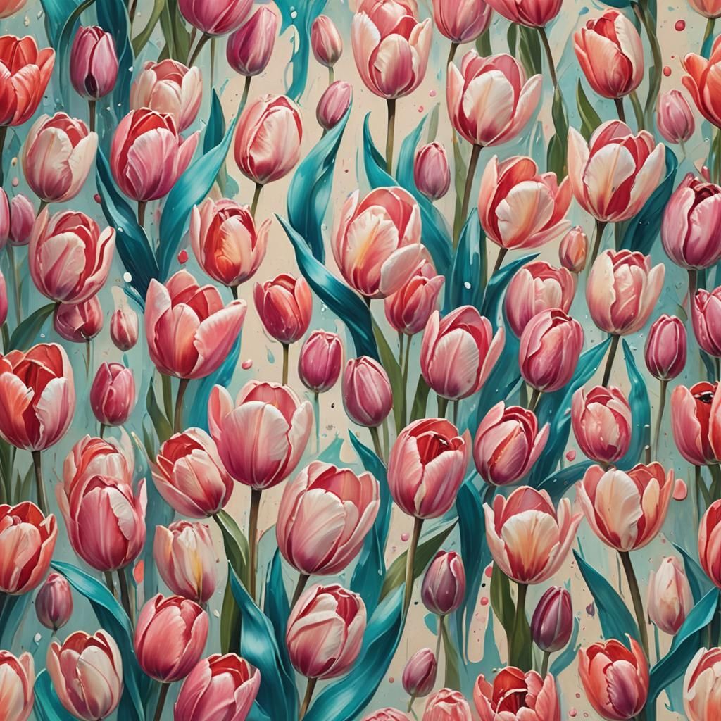 Abstract Oil Painting of Pink Tulips in Impressionist Style
