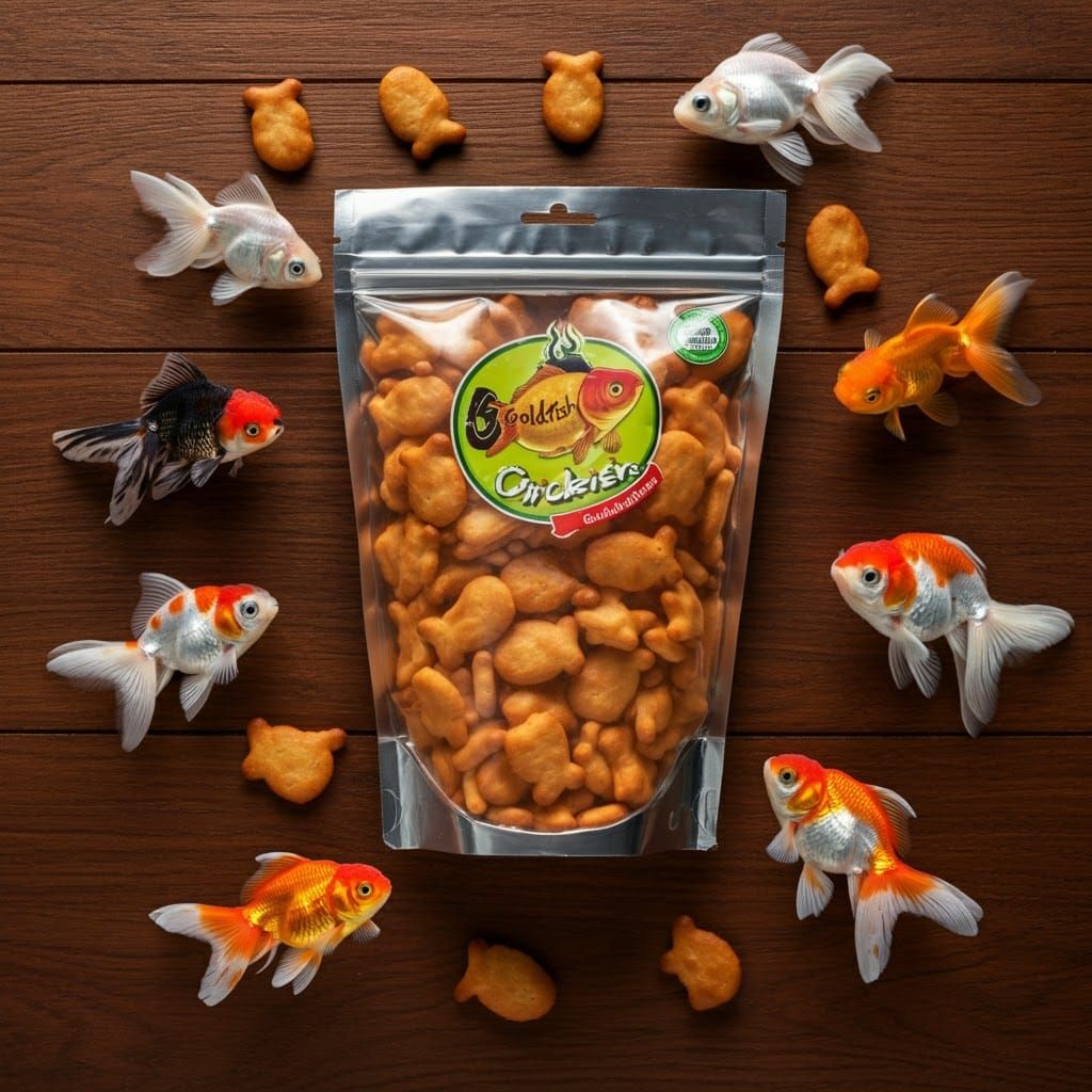 Hyperrealistic Photo of Goldfish Crackers and Fish