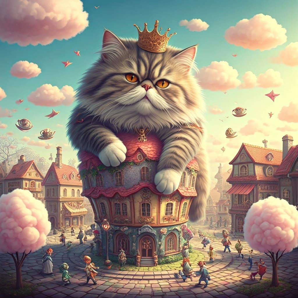 A gigantic, fluffy Persian cat reclines atop a teetering tower of pastel-colored rooftops, wearing a crooked golden crow...