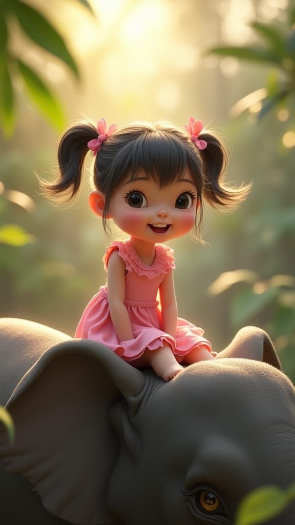 Girl on Elephant Trunk: 3D Children's Illustration