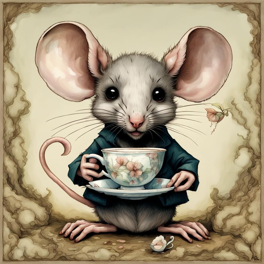 Anthropomorphic Mouse Sipping Tea in Pale Colors