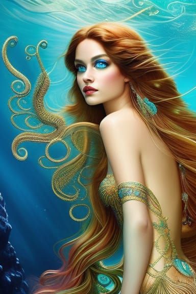 Filigree Mermaid in Turquoise Water: Hyperdetailed Fantasy