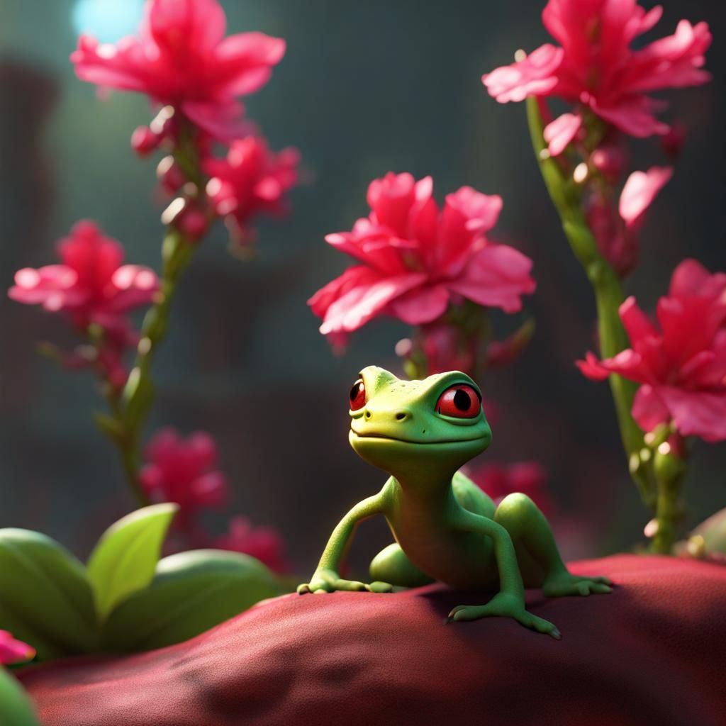 Charming Newt with Red Azalea Backdrop: 3D Digital Art