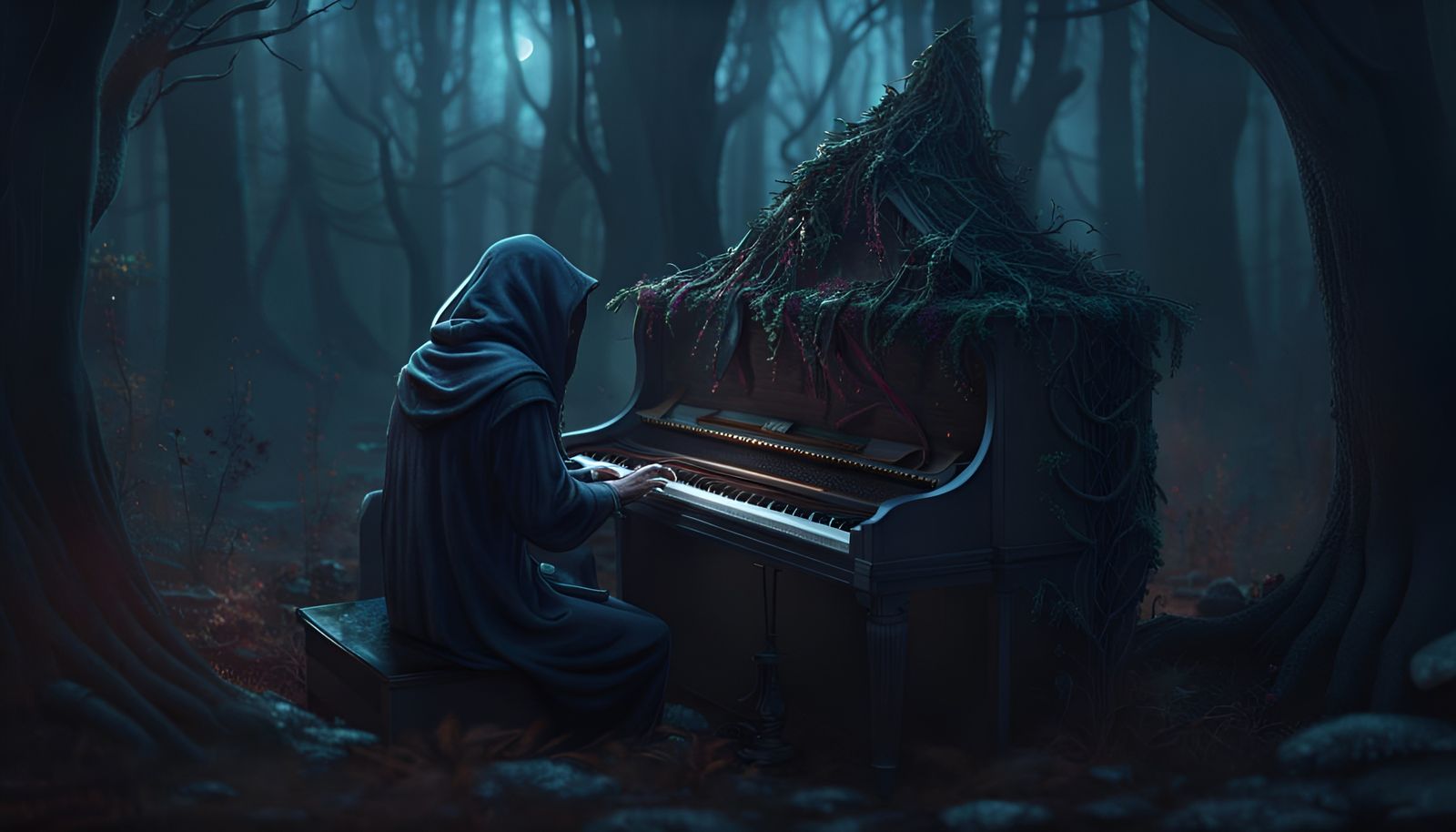 Creepy Ghoul Plays Piano in Dark Woods