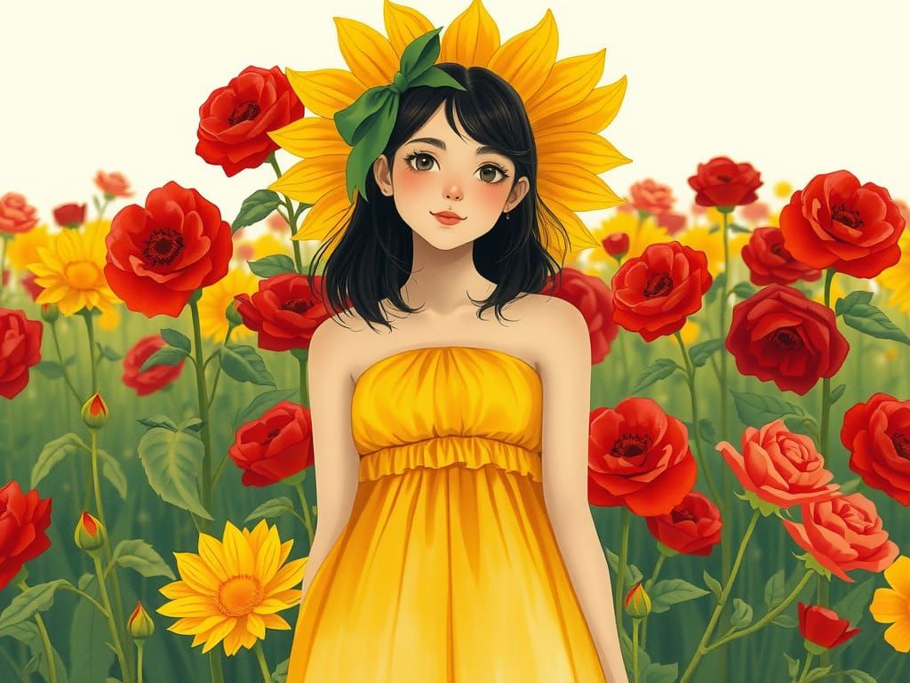 Sunflower Woman in Rose Meadow, Dreamy Watercolor Art