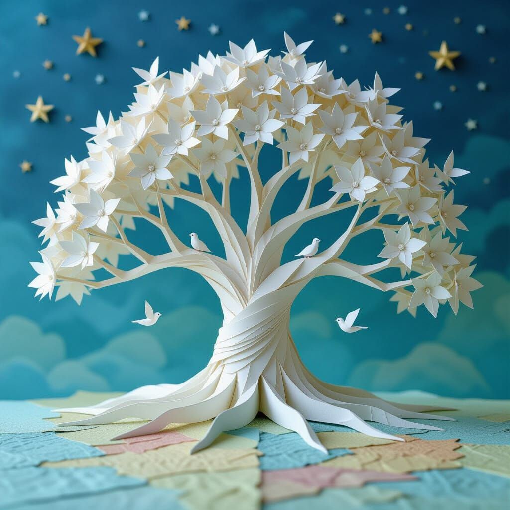 Ancient Paper Tree Celestial Landscape in Papercraft Style