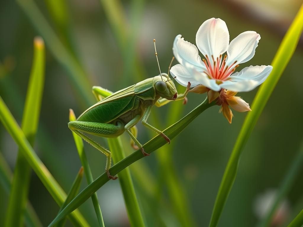 Grass Grasshopper on Cherry Blossom, Digital Painting